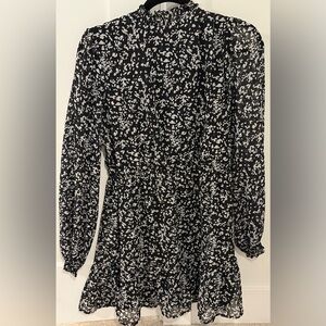 Black and White Floral Long-Sleeve Mini Dress